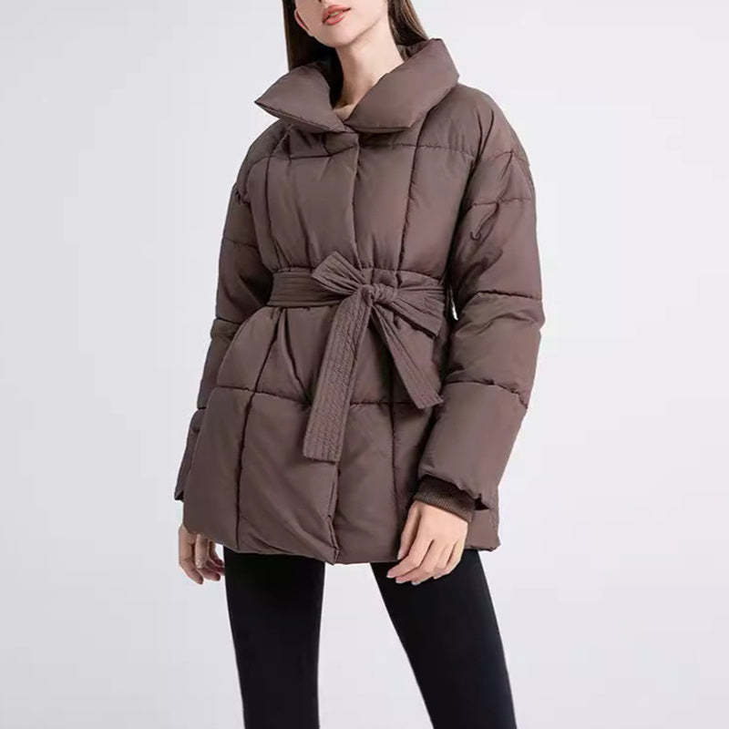 Manteau d'Hiver à Carreaux avec Col à Revers et Ceinture