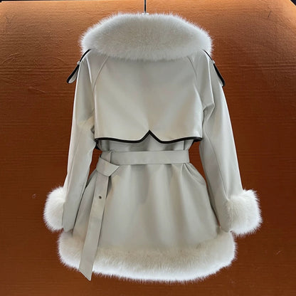 Manteau élégant en fourrure avec grand col en fourrure pour femme